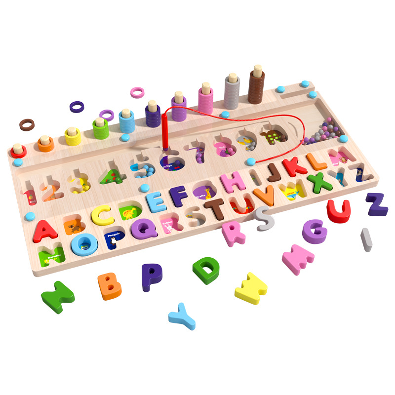 Número magnético de madera infantil conteo de color clasificado columna de bloque de log tablero de transporte de lápiz laberinto juguetes de tablero de marcha