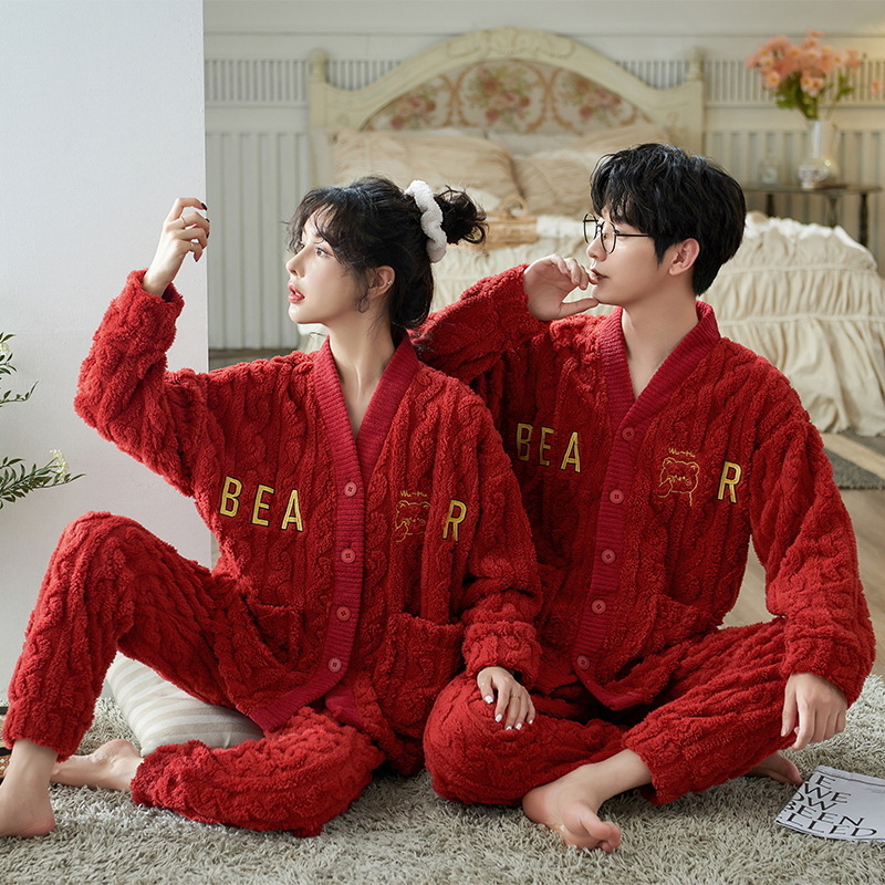 Pareja Pijamas Mujer Otoño e Invierno franela hombres engrosada forro polar lindo dulce ropa de abrigo homewear traje