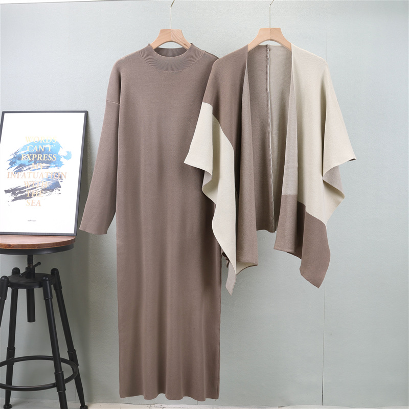 Women's Clothing 2024 knitted suit autumn and winter new contrast color cape shawl + half high collar knitted dress two piece suit_voghion.com