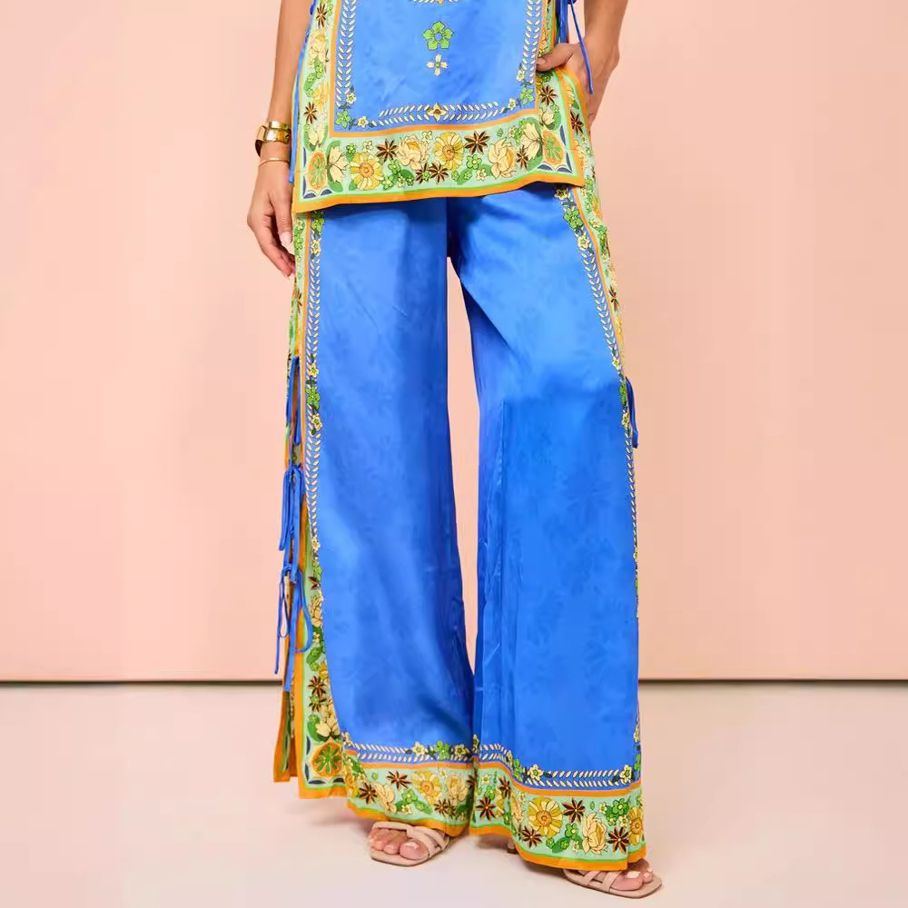 Holiday Occasion Strap Neckline Regular Fit Fit Type Holiday Women's Vintage Style Ethnic Style Color Block Flower Polyester Printing Pant Co-ord Set Pants Sets