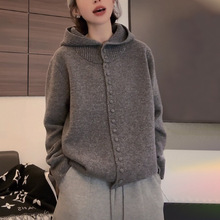 韩版时尚休闲慵懒风连帽针织开衫单排扣毛衣外套女