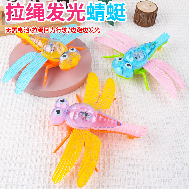 Juguetes luminosos de cuerda de tracción de niños retroceso deslizante insectos de doble ala cuerda de tracción libélula jardín de infantes pequeños regalos al por mayor