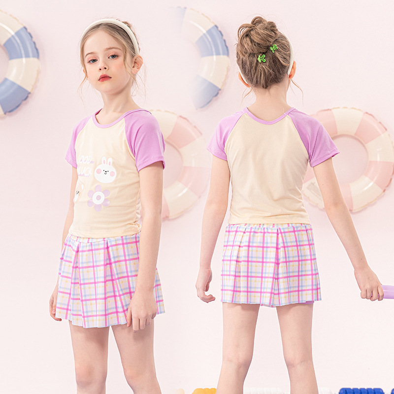 Traje de baño nuevo de verano para niñas, diseño a cuadros con bloques de color, conjunto conservador de dos piezas para niñas mayores, elegante traje de baño para aguas termales.