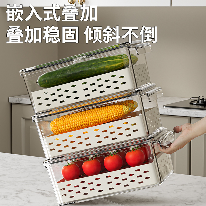 Caja de almacenamiento de refrigerador de cocina plástico rectangular drenaje caja de preservación de frutas y verduras caja de preservación de alimentos sellado de doble capa