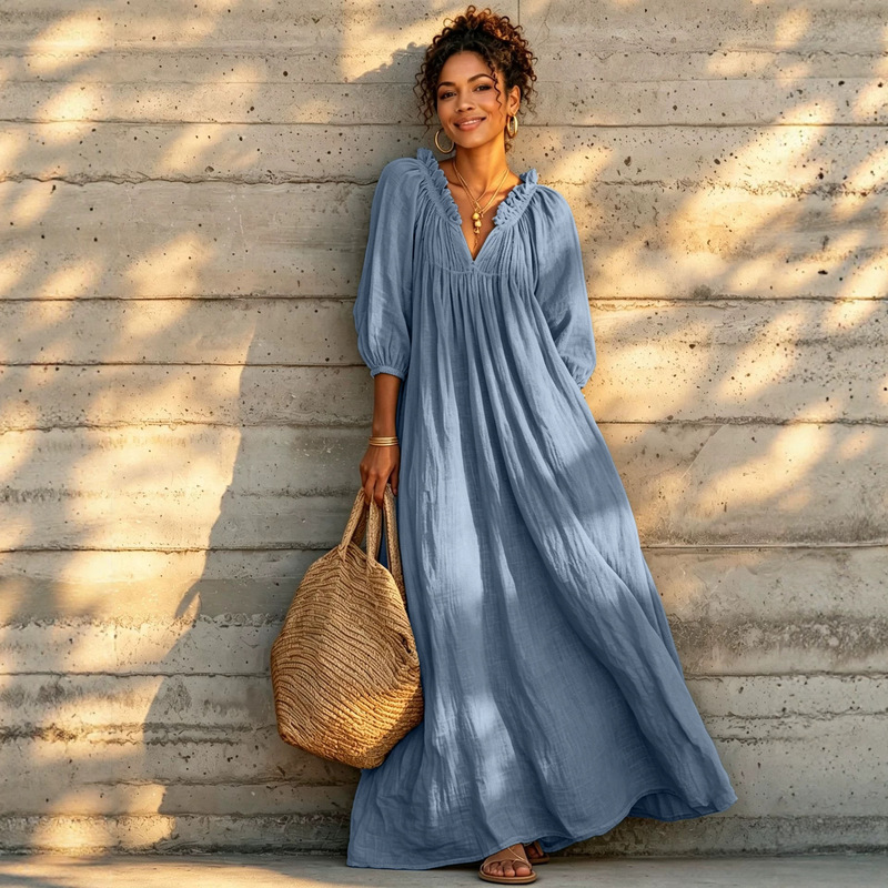 European and American cross-border women's clothing Amazon V-neck lantern sleeve dress bohemian resort style long cover-up dress