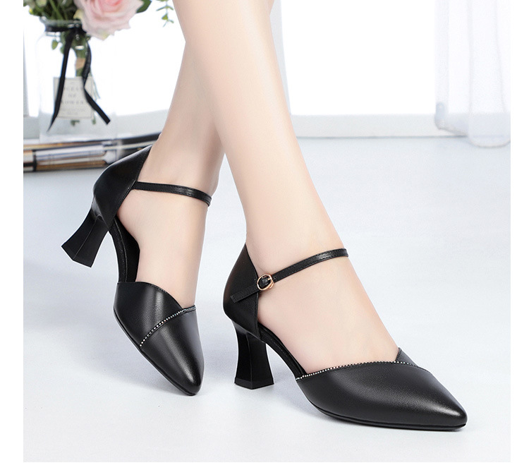 Sandal quai ngang da thật gót vuông mũi nhọn cho nữ, giày cao gót hở mũi kiểu dáng sang trọng — Màu be chi tiết 23