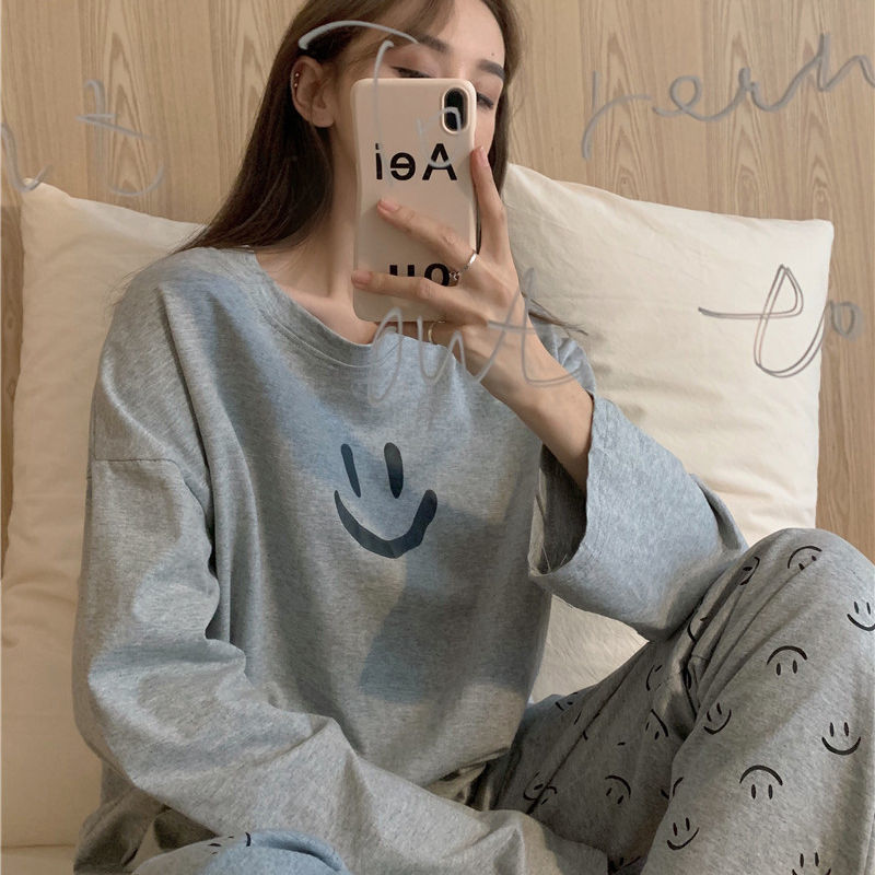 Pijamas de cuello redondo de las mujeres lindo sonriente cara estilo coreano ins estilo fresco de dos piezas conjunto ropa homewear conjunto pijamas