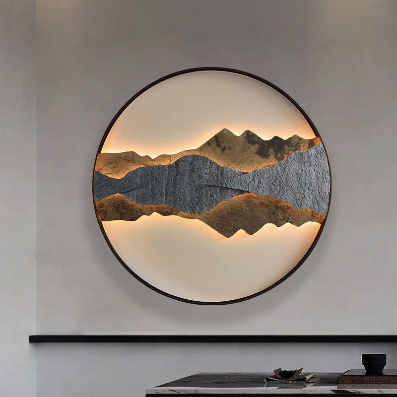 Cross-Border Dropshipping Decorative Painting Wall Lamp Living Room Sofa Background Wall Mountain Painting Round Tea Room Slate Hanging Painting Led Wall Cross-Border Dropshipping Decorative Painting Wall Lamp Living Room Sofa Background Wall Mountain Painting Round Tea Room Slate Hanging Painting Led Wall