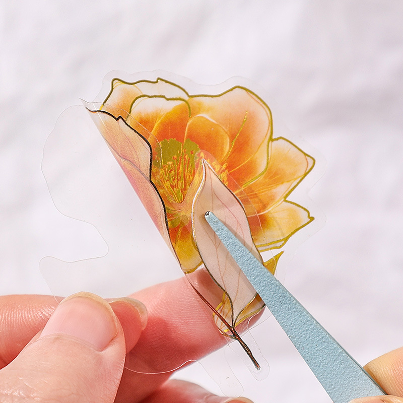 Yue Zhen retro bolsas de pegatinas de flores de viento, serie de pegatinas de película de corte de decoración de la mano de estampado de oro