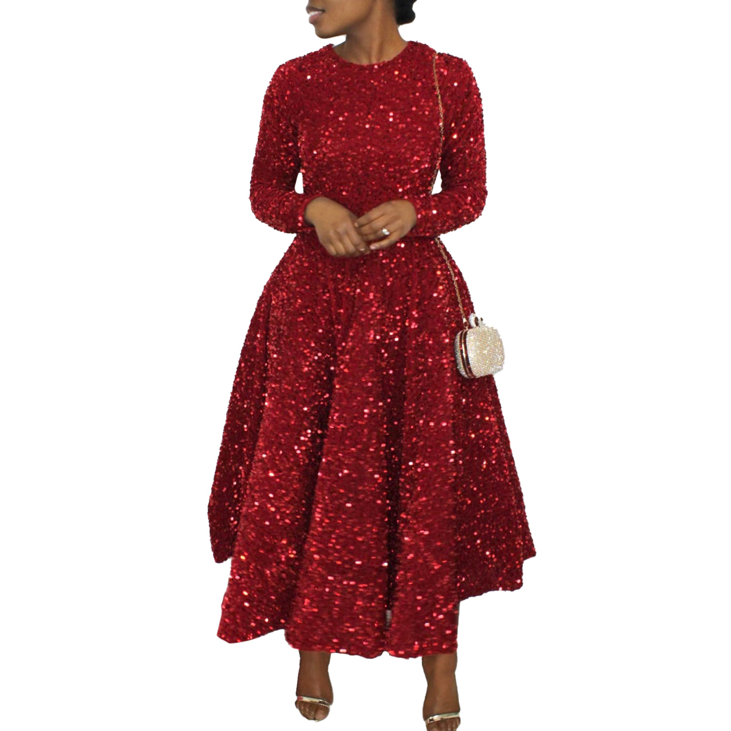 Women's Swing Dress Party Dress Elegant Classic Style Round Neck Sequins Long Sleeve Solid Color Midi Dress Banquet Evening Party display picture 16