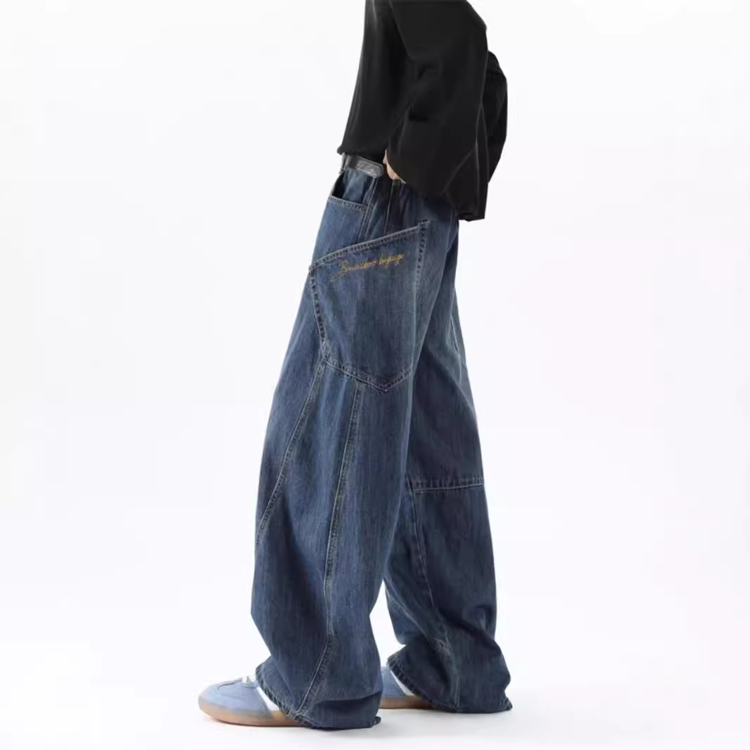 美式复古蓝色工装牛仔裤男秋季高街oversize宽松阔腿灯笼裤子