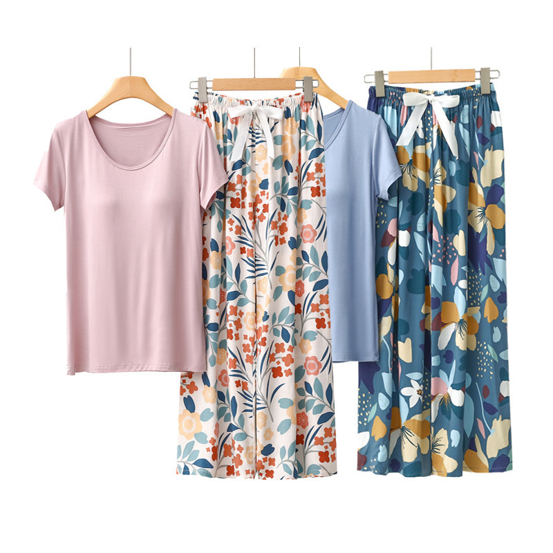 Chest pad pajamas women's cross-border Amazon spring/summer autumn modal cotton silk floral pants wear-Free Bra home wear