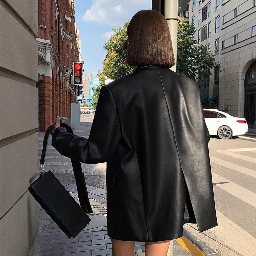 2025 New Autumn and Winter Suit Leather Jacket Women's Black Pu Leather Jacket Straight Casual Loose Slit Versatile Style