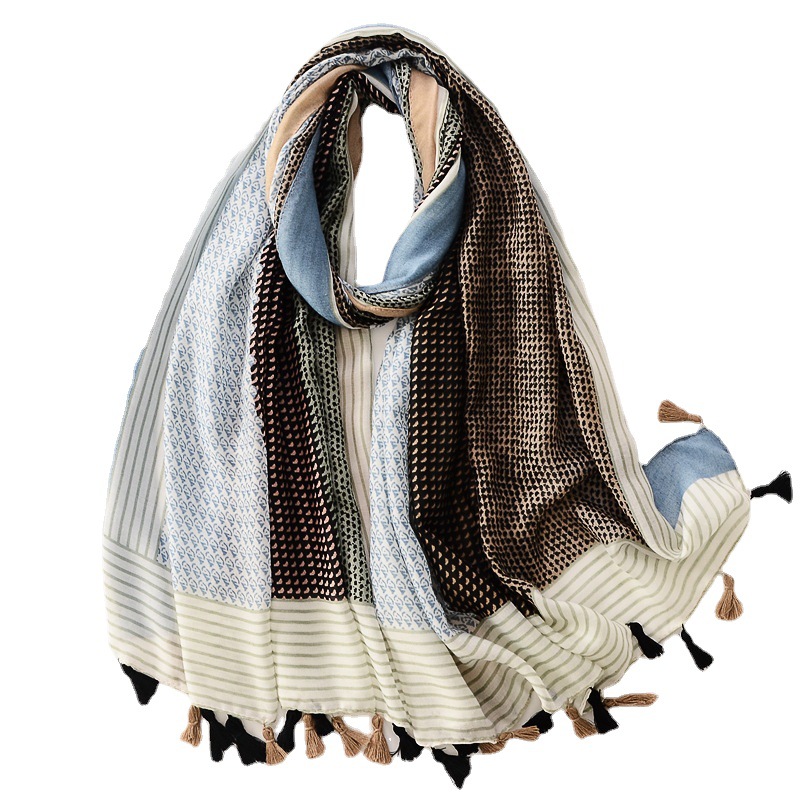 Comercio exterior Exportación algodón y lino sensación bufanda multicolor costura impresión geométrica bufanda decorativa viajes primavera y verano Toalla de playa delgada