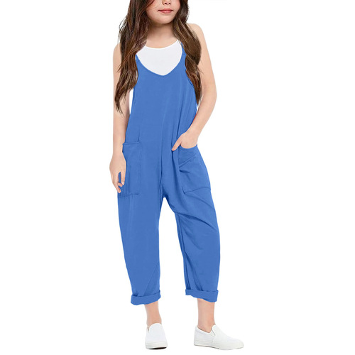 Fashionable and Casual Girls' V-Neck One-Piece Pajamas Solid Color Loose Casual Pajama Pants with Pockets Spring and Summer Clothing