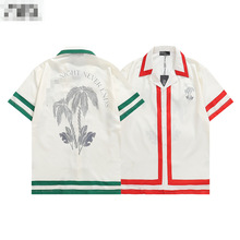 男士短袖衬衫跨境潮流时尚ZA椰子树印花logo红绿条纹休闲衬衫衬衣