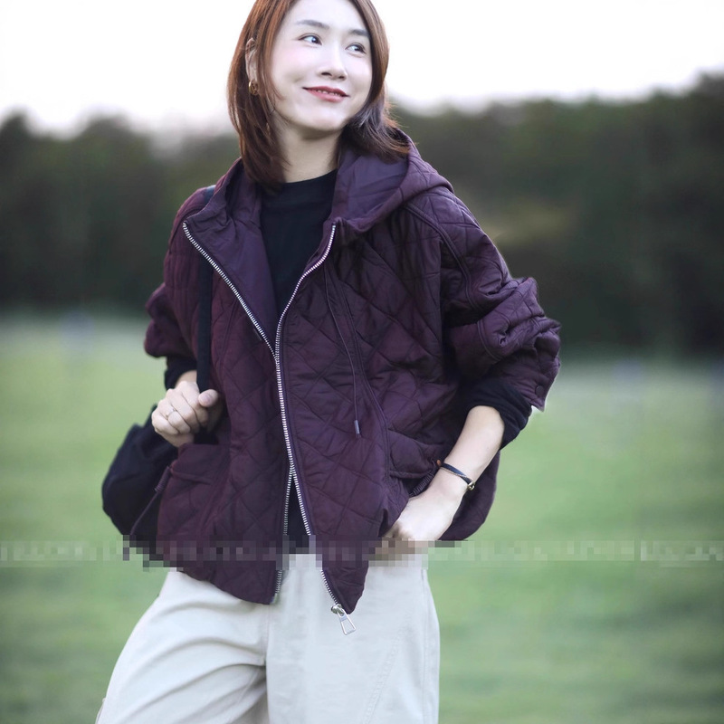 Winter New Hooded Quilted Cotton Jacket Simple Retro Quilted Pocket Loose Warm Cotton Coat for Women 204
