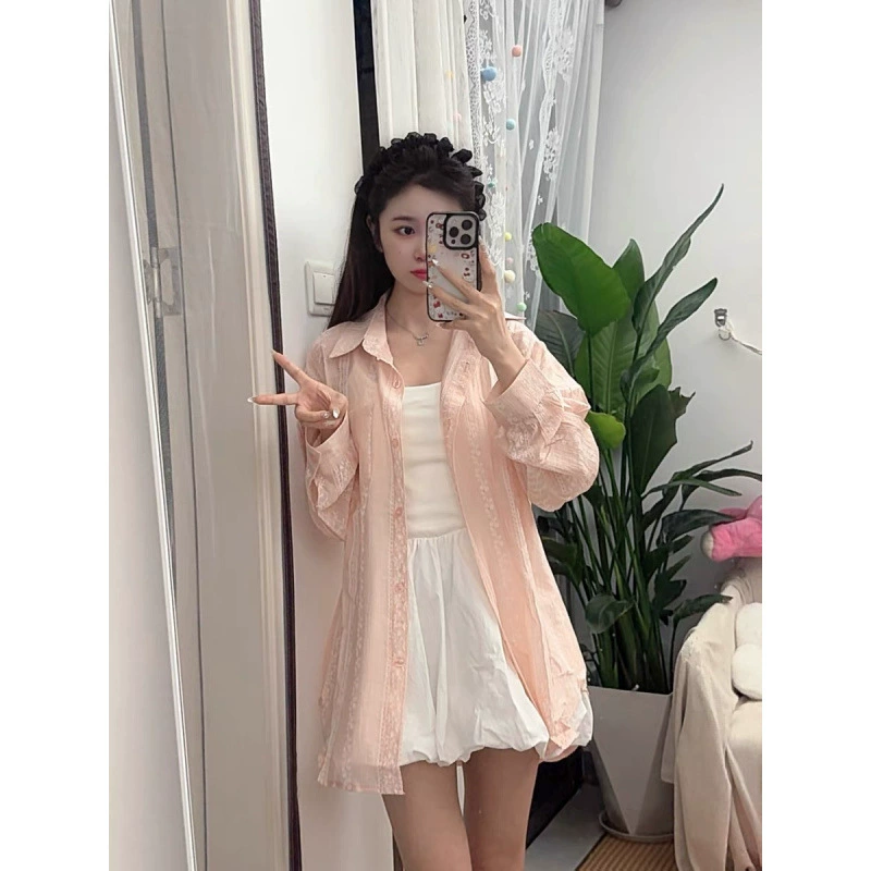 Милая и уменьшающая возраст дизайнерская нишевая солнцезащитная рубашка для женщин, лето 2025, новый универсальный свободный топ с длинными рукавами в корейском стиле