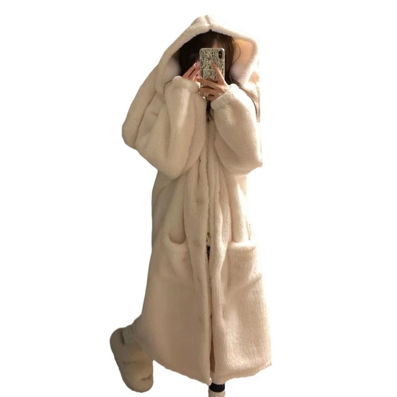 睡衣女秋冬兔子耳朵学生连帽卡通新款珊瑚绒睡袍浴袍家居服可外穿|undefined