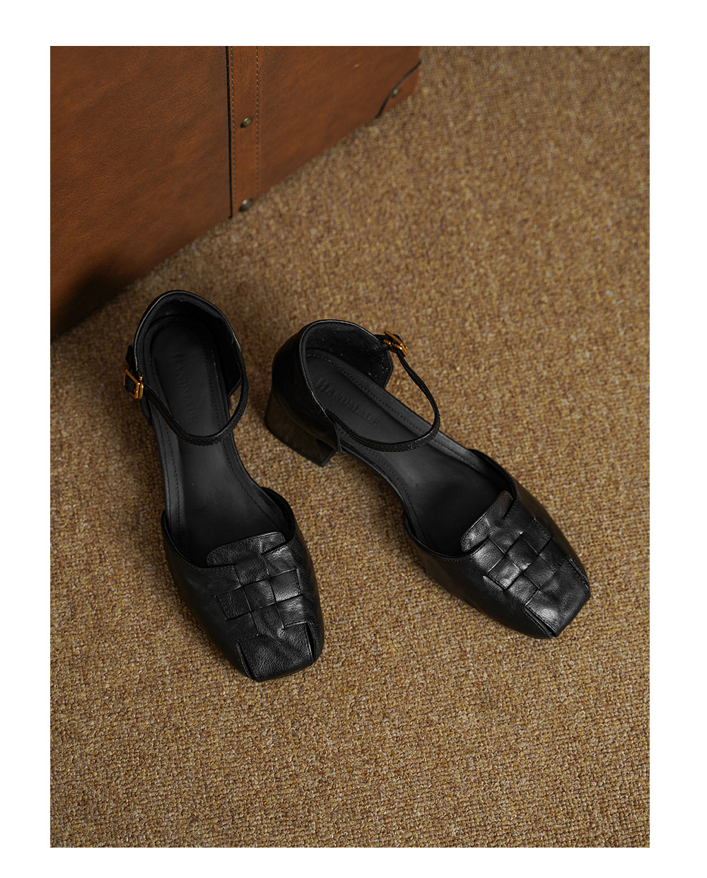 Sandal nữ da dê bện mũi kín quai ngang gót vuông trung bình — đen chi tiết 18