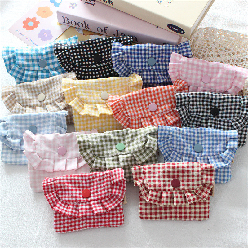 ins风格子木耳边翻盖包便携迷你卫生棉收纳包学生随身卡包证件包