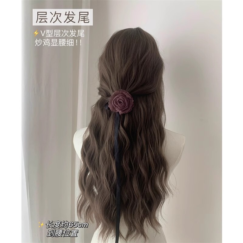 榛果灰棕色假发女全头套小额蕾丝八字刘海水波纹长卷发蓬松|undefined