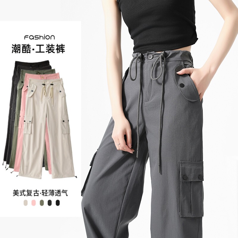 High-Quality Women's Summer Work Pants, Slim-Fit American Retro Style with Pockets, Drawstring and Buckle, Casual Sports Pants for Women High-Quality Women's Summer Work Pants, Slim-Fit American Retro Style with Pockets, Drawstring and Buckle, Casual Sports Pants for Women