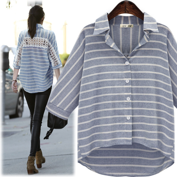 2020 Summer New Stripesd Shirt Aliexpress Amazon Export Popular Back Cut Out Fashion Lace Top