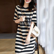 条纹短袖连衣裙子女学生韩版夏季新款宽松T恤中长款仙女裙