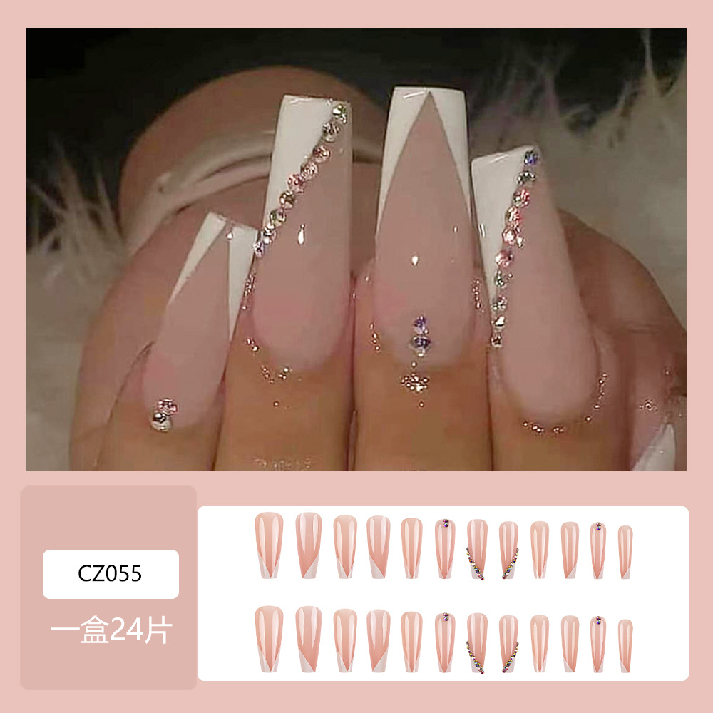 Ventas en caliente transfronterizas de estilo francés largo usar uñas polvo blanco aurora perforación de uñas 24 piezas de uñas falsas de estilo europeo y americano