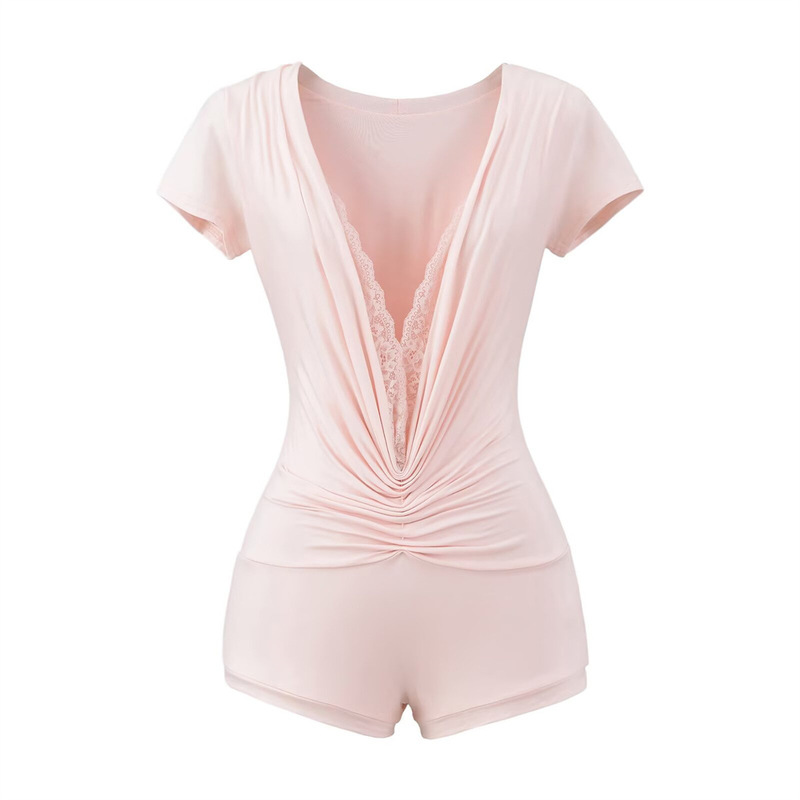 White V-Neck Right Shoulder Lace Splicing Short-Sleeved T-Shirt for Women Summer Sexy Slimming Look Sexy Jumpsuit Top