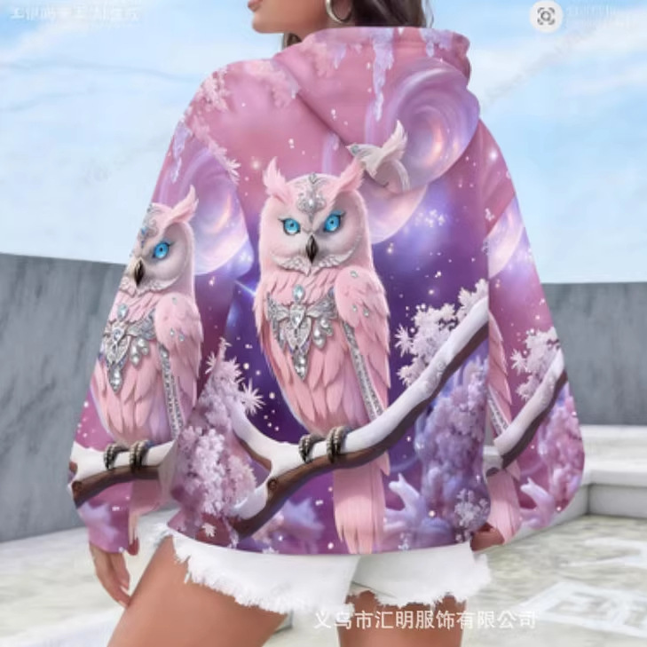 2026 New Model Pink and Purple Dreamy Owl Snowflake Star and Moon Print Hooded Sweatshirt, Fairy-Like Romantic Autumn and Winter Style