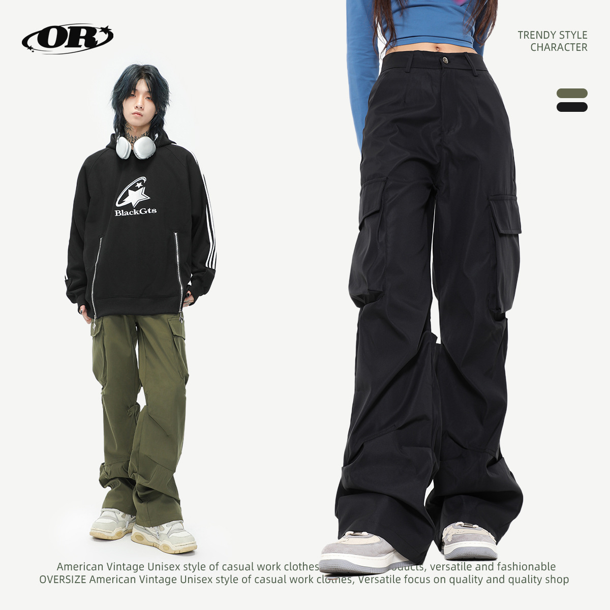 OREETA jeans American overoles funcionales al aire libre plisado paracaídas overoles mujeres moda marca recta paraguas pantalones hombres