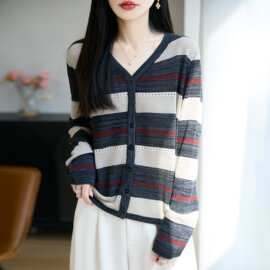 秋冬款条纹V领针织开衫圆领长袖撞色宽松时尚打底衫气质女装批发