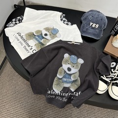 高克重兒童春夏磨毛小熊短袖T恤男童女童美式寬鬆卡通圓領半袖t潮