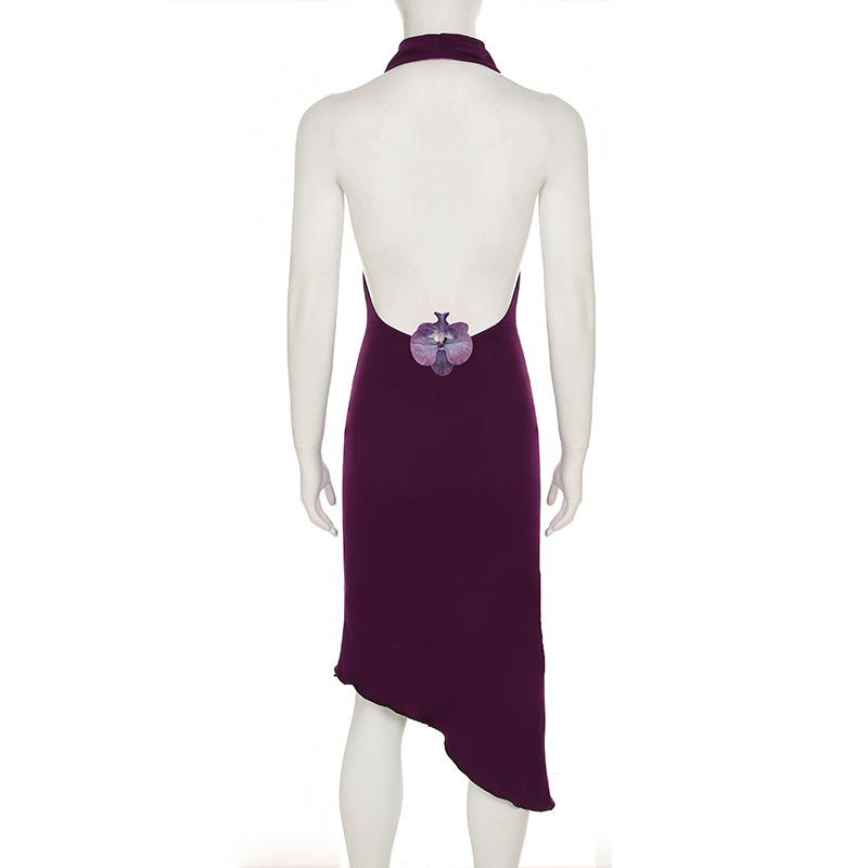 Women Clothing Summer Sexy Swing Collar Halter Irregular Asymmetric Hem Three Dimensional Floral Dress