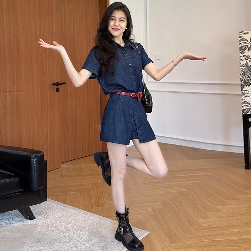 大码港风牛仔衬衫遮肉裤裙两件套女2025夏季新款胖mm巨好看的套装|undefined