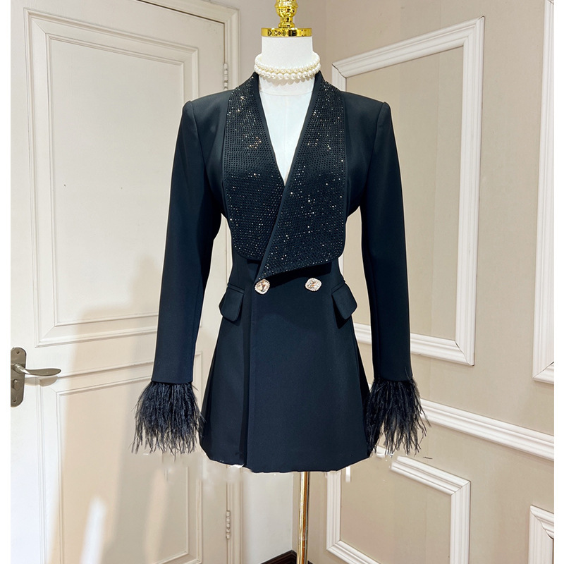 Shiny Rhinestone Lapel Feather Cuffs Slim-Fit Waistcoat Blazer Top for Women New Style