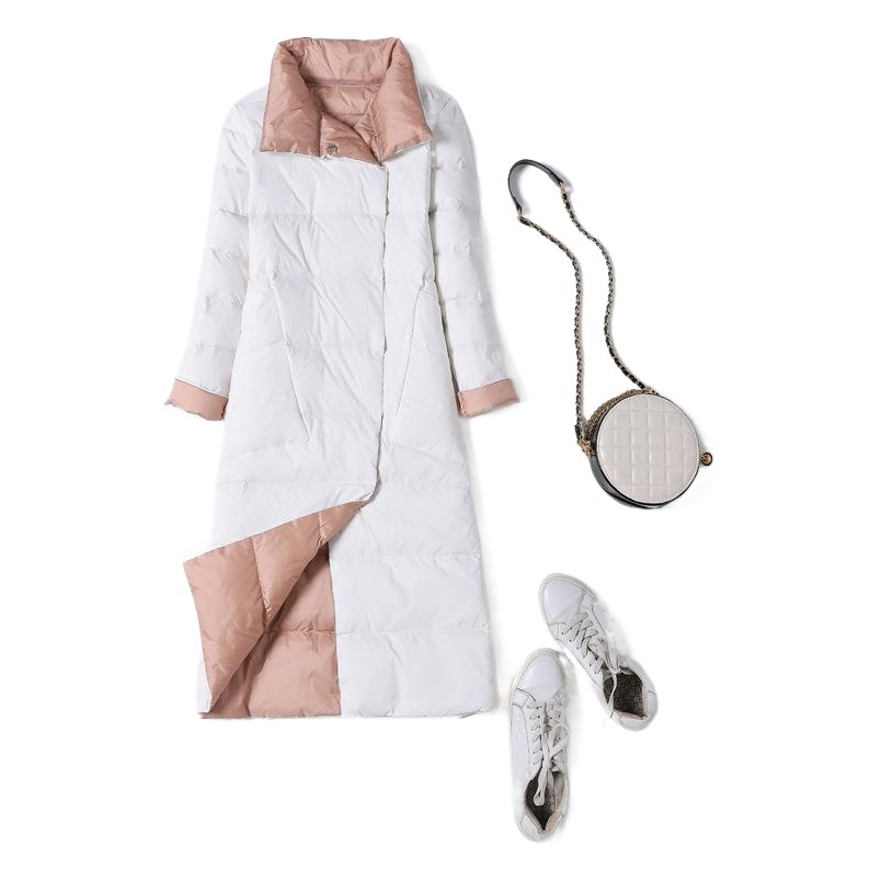 Chaqueta de plumón de pato blanco ligero transfronterizo de otoño e invierno para mujer de media longitud solapa de bolsillo oblicuo de doble cara sobre la rodilla abrigo de moda