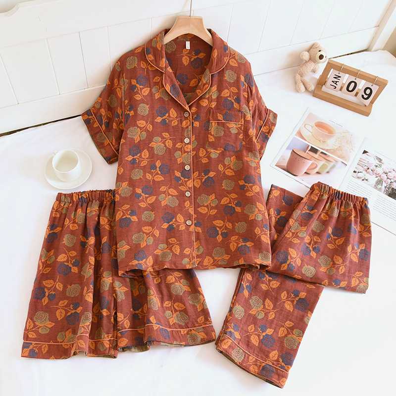 New Yarn-dyed Jacquard Pajamas Women's Three-piece Set Spring and Summer Pure Cotton Home Clothes Summer Casual suit Short-sleeved Shorts