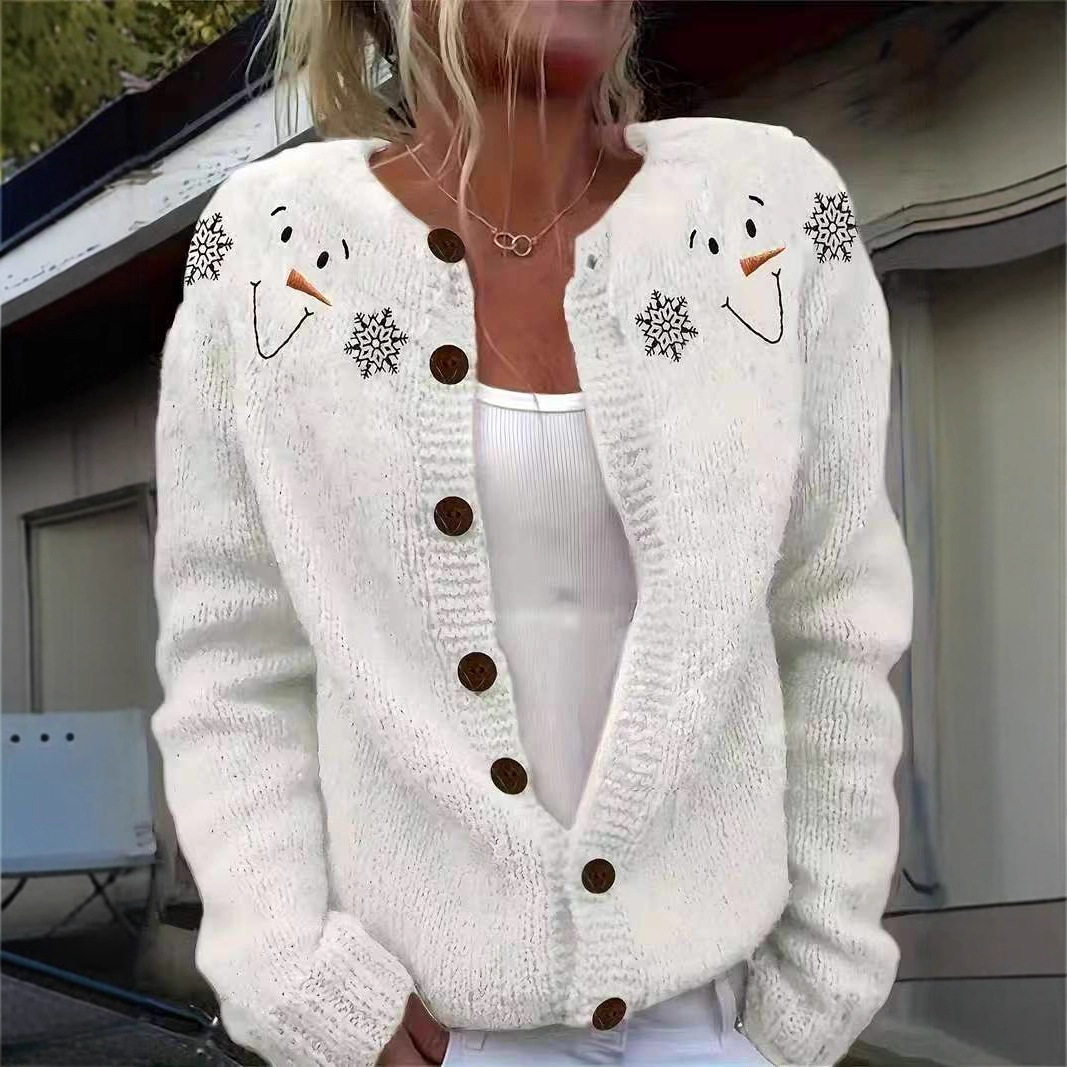 Women’s Clothing Snowflake Christmas Cardigan Women’s Casual Knit Sweater White Round Neck Button Front Top For Autumn Winter​