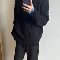 YKEE美式复古绞花假两件POLO领毛衣男秋季cleanfit慵懒针织衫上衣