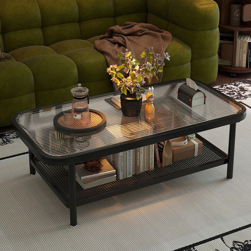 Mesa de té sala de estar doméstica pequeña casa sofá tabla lateral 2025 nueva mesa de té de vidrio cuadrada de hierro forjado mesa de té de doble capa