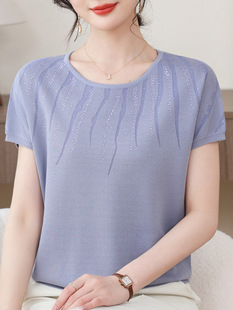 2025 New Summer Short-Sleeved T-Shirt Middle-Aged Women's Ice Silk Tops Fashionable Mom Summer Clothes Versatile Round Neck Shirts