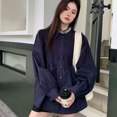 2025秋法式宫廷风小众立领镶钻上衣女压褶百搭娃娃衫衬衫洋气小衫