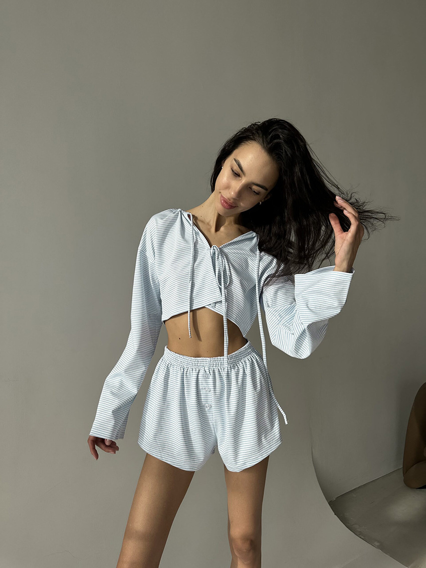 ChicShe 2025 European American Striped Knitted Cotton Pajamas Women, New Autumn And Winter Long Sleeve Shorts, Cross-Border_voghion.com