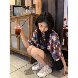 夏季休闲复古花花衬衫设计感小众宽松短袖上衣女装感法式衬衣