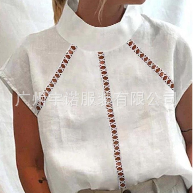 2022 Amazon europeo y americano nuevo deseo popular moda diseño hueco algodón y lino encaje manga corta Camisa de las mujeres