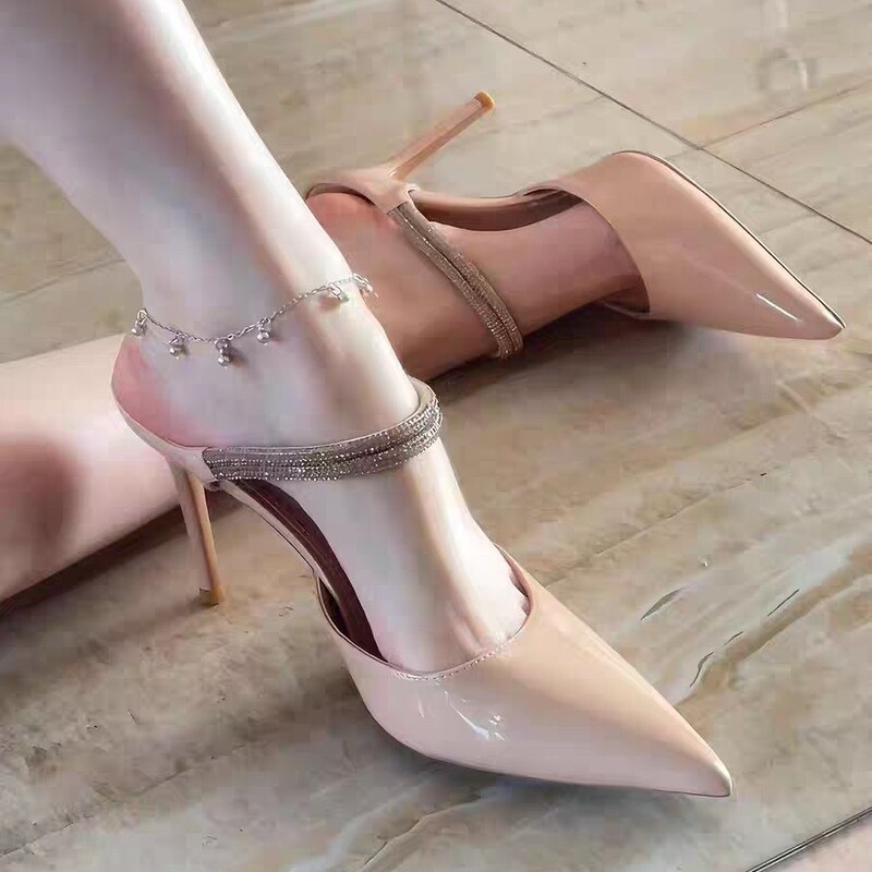 2026 Autumn New Style Pointed-Toe Nude Pink Rhinestone High-Heeled Shoes with Thin Heels for Women, Elegant Closed-Toe Mules