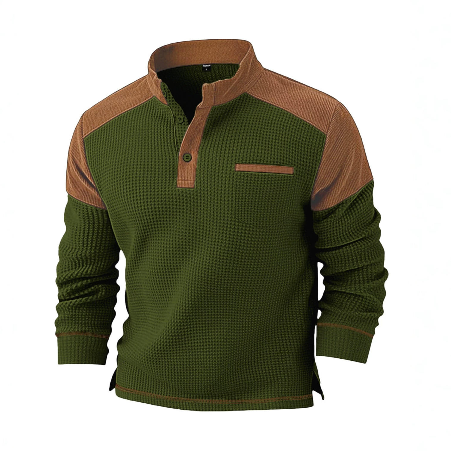 Nueva estación independiente de invierno nuevo hombre transfronterizo Waffle bolsillo falso cuello de pie casual camiseta de vello de manga larga